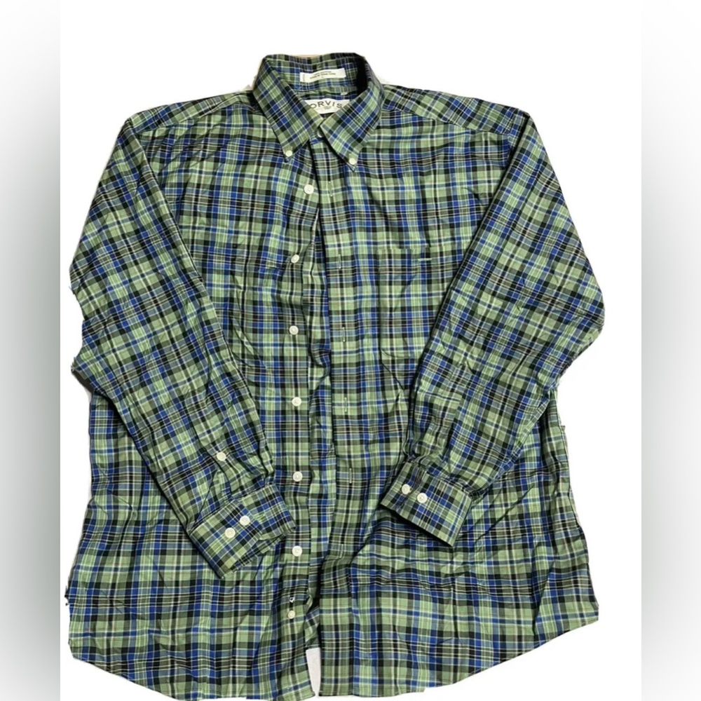 ORVIS BUTTON UP SHIRT MENS LARGE PLAID GREEN BLUE LONG SLEEVE